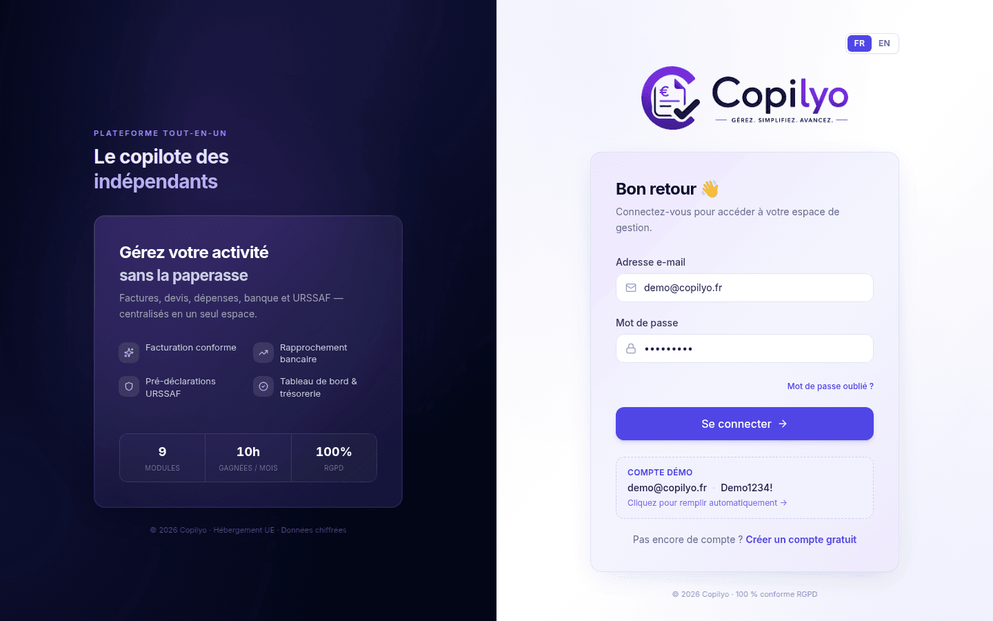 Écran de connexion Copilyo, split-screen indigo et formulaire