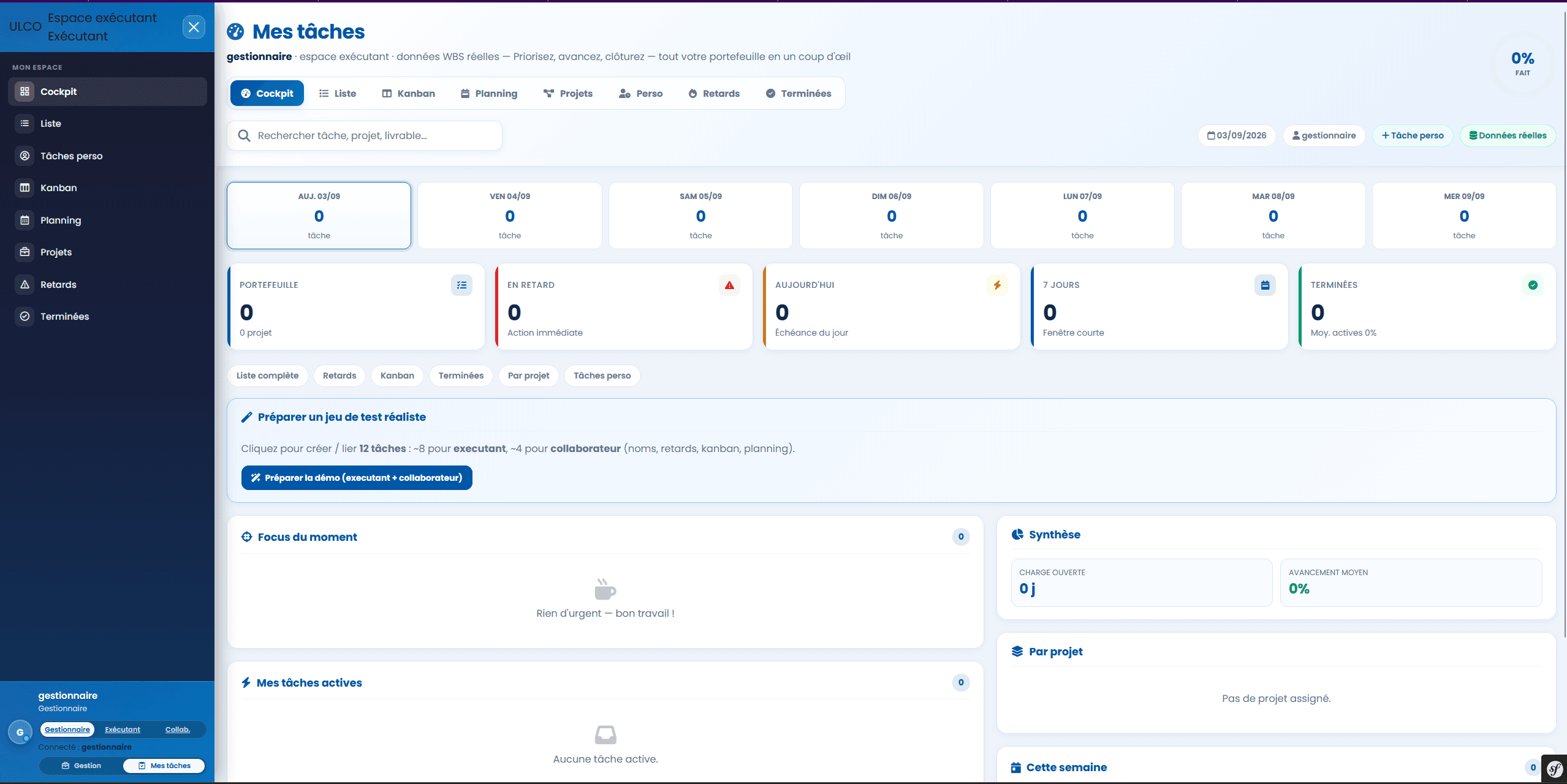 Cockpit exécutant PMO ULCO — Mes tâches, focus du moment et synthèse