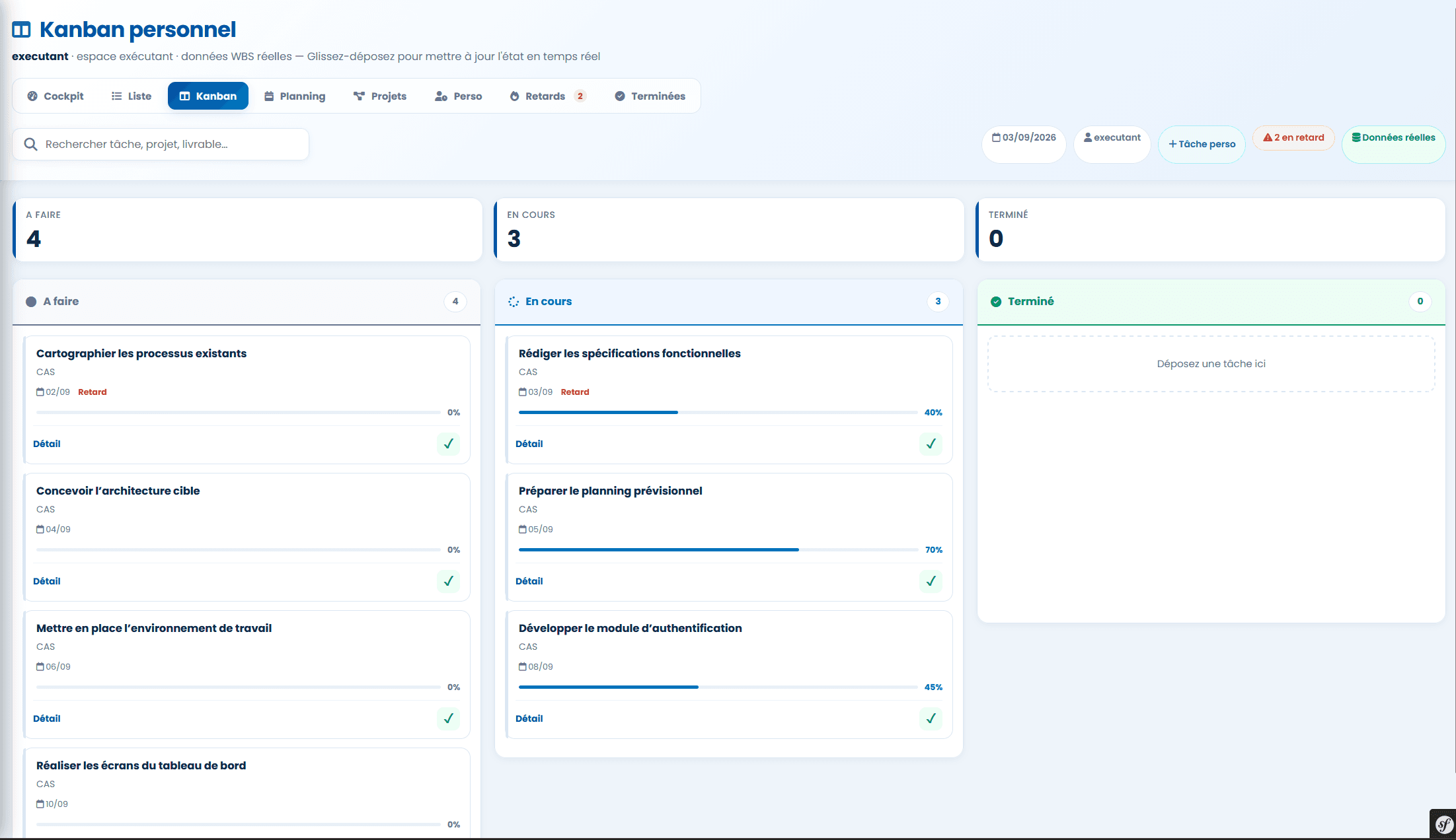 Kanban personnel PMO ULCO : colonnes À faire, En cours et Terminé