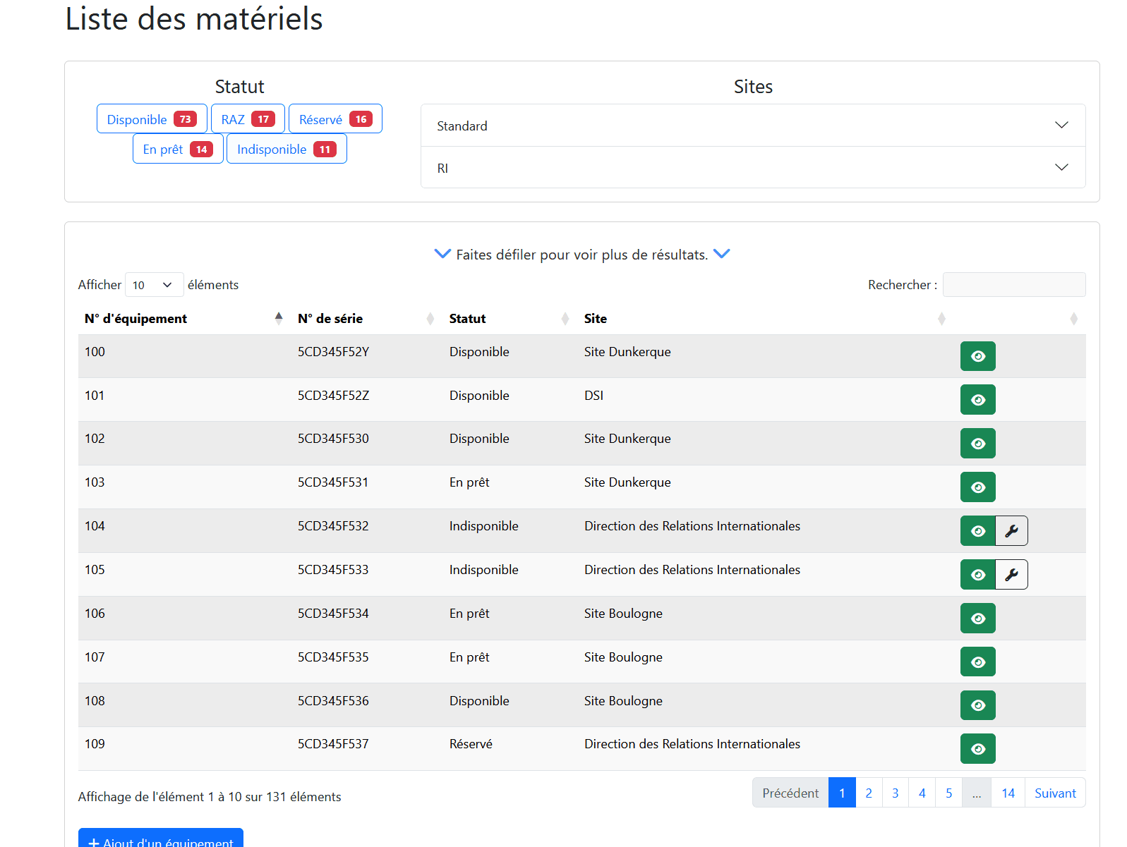 Liste des matériels avec filtres de statut (Disponible, RAZ, Réservé, En prêt, Indisponible) et sites ULCO