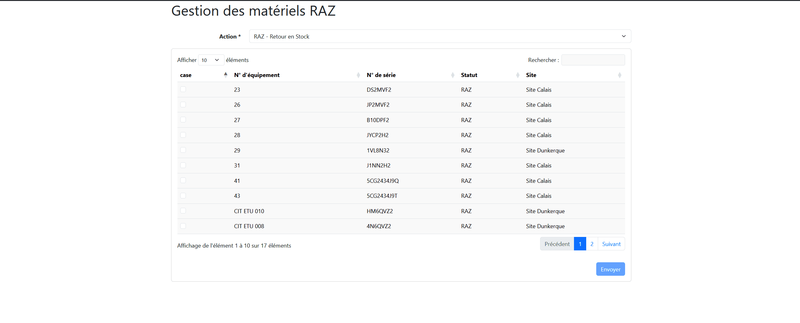 Gestion des matériels RAZ — action Retour en stock, équipements en statut RAZ sur Calais et Dunkerque