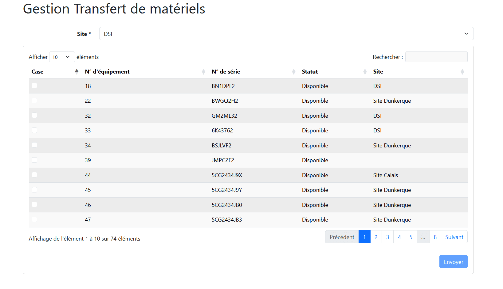 Gestion du transfert de matériels vers un site, liste d’équipements disponibles